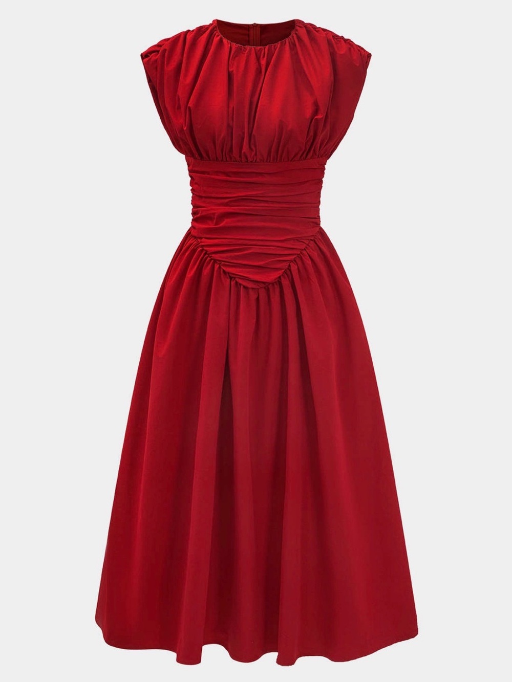 Elegant Red Ruched Waist Midi Dress